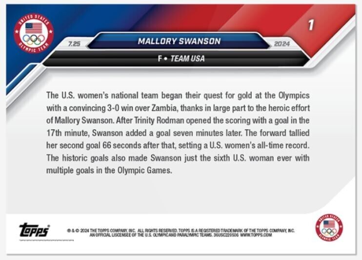 Mallory Swanson 2024 Olympic Gold Topps Now Card #1