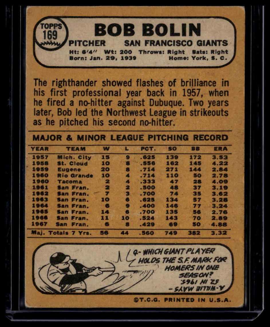 1968 Topps #169 Bob Bolin None