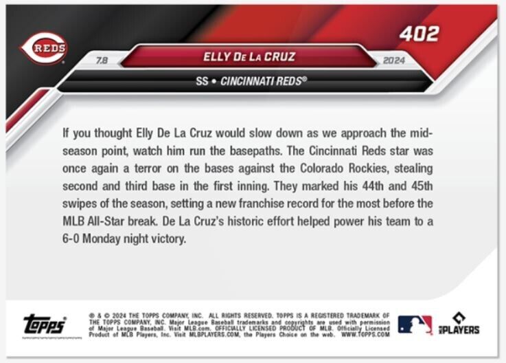 Elly De La Cruz RC Cincinnati Reds 2024 Topps Now #402