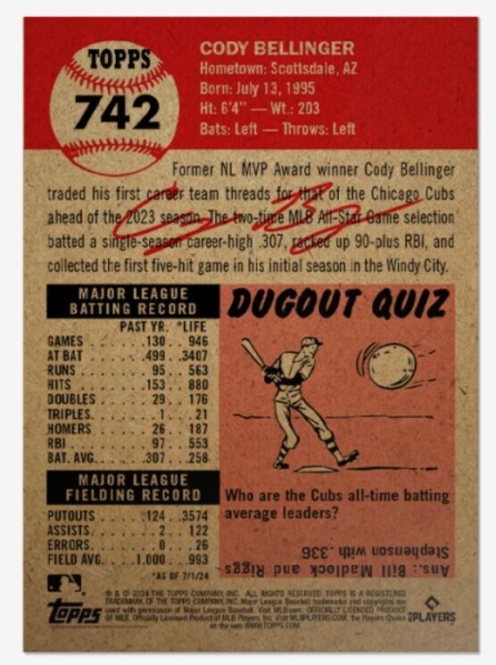 2024 Topps Living Set Card #742 Cody Bellinger Chicago Cubs PR 1520