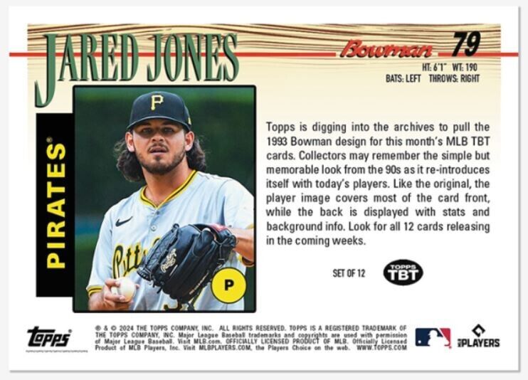 Jared Jones 2024 Throwback Thursday Set 27 1993 Bowman Baseball #79 RC