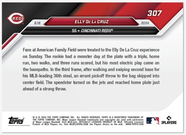 Elly De La Cruz 2024 Topps Now Card #307 Rookie Card