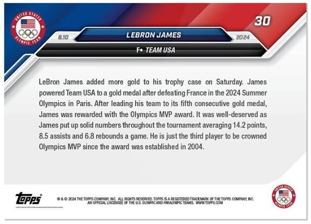 Lebron James Team USA 2024 Topps Now Olympic Games Card #30