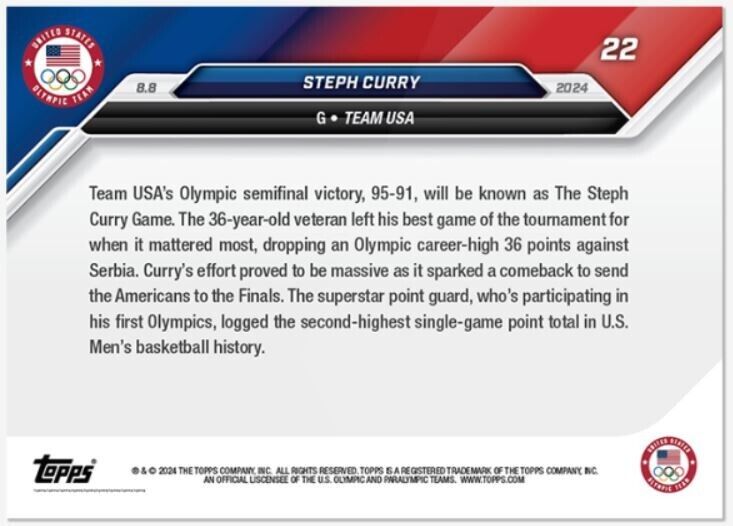Steph Curry 2024 Olympic Games TOPPS NOW® Card #22