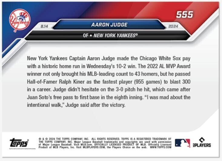 Aaron Judge Fastest To 300 HRs 2024 MLB TOPPS NOW Card #555 Yakees