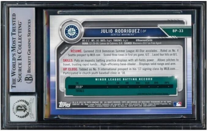 Julio Rodriguez Autographed 2019 1st Bowman Rookie Card #BP-33 Seattle Mariners