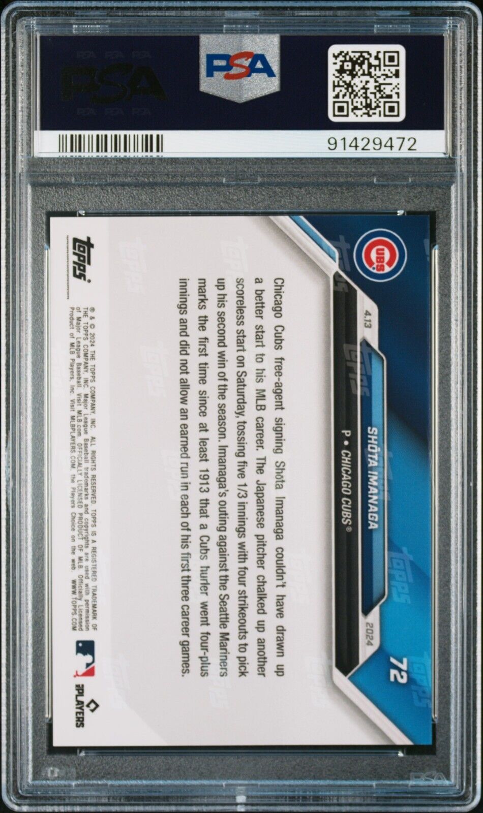 Shota Imanaga 2024 Topps Now Card #72 Chicago Cubs RC Rookie PSA 10 GEM MINT