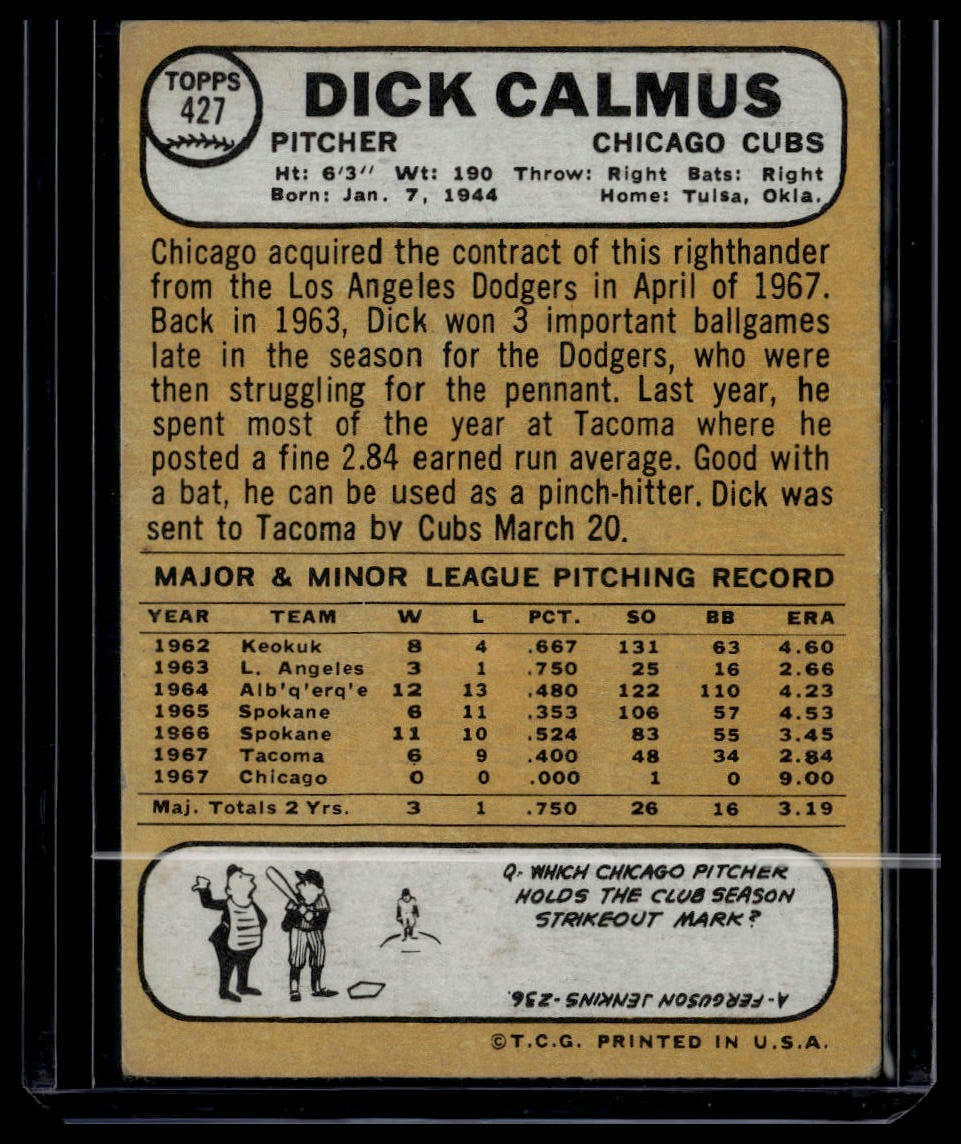 1968 Topps #427 Dick Calmus None