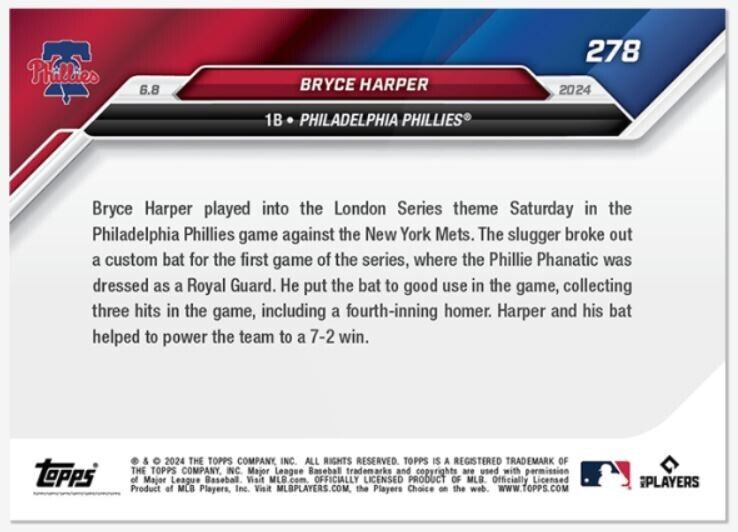 Bryce Harper 2024 Topps Now Card #278 Phillie Phanatic Royal Guard Bat London