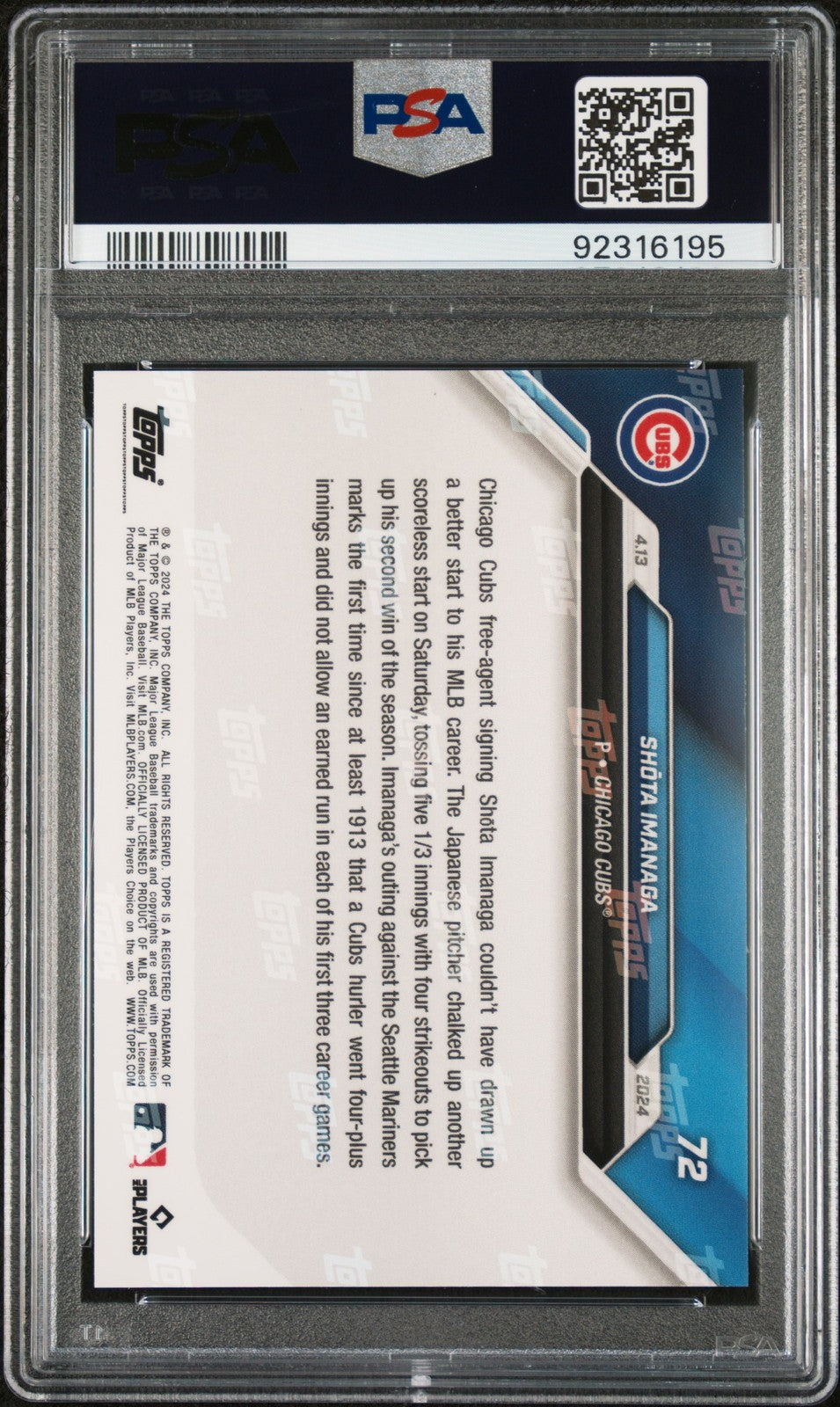 2024 Topps Now Shota Imanaga #72 PSA 10