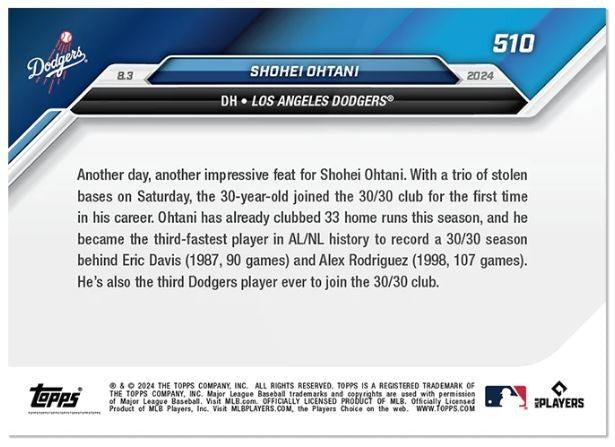 Shohei Ohtani Los Angeles Dodgers 1st 30/30 Season 2024 Topps Now #510 Base
