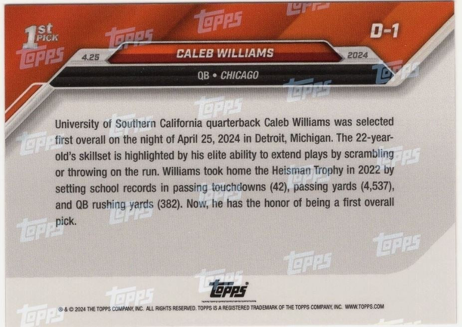 2024 Topps Now Caleb Williams RC Card #D1 Chicago Bears NFL Draft 1st Pick