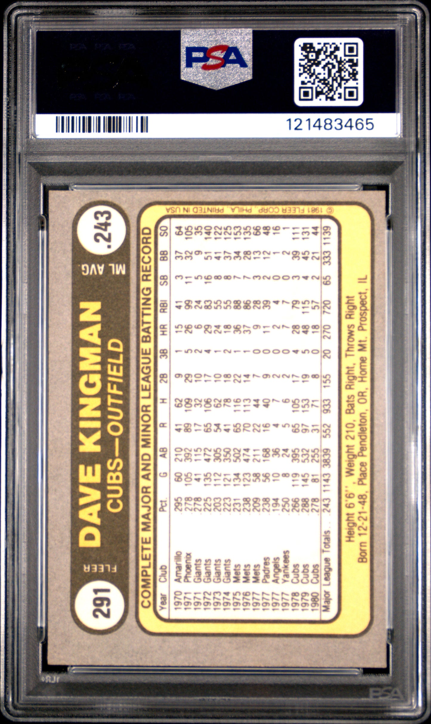 1981 Fleer Dave Kingman #291 Oc PSA 9