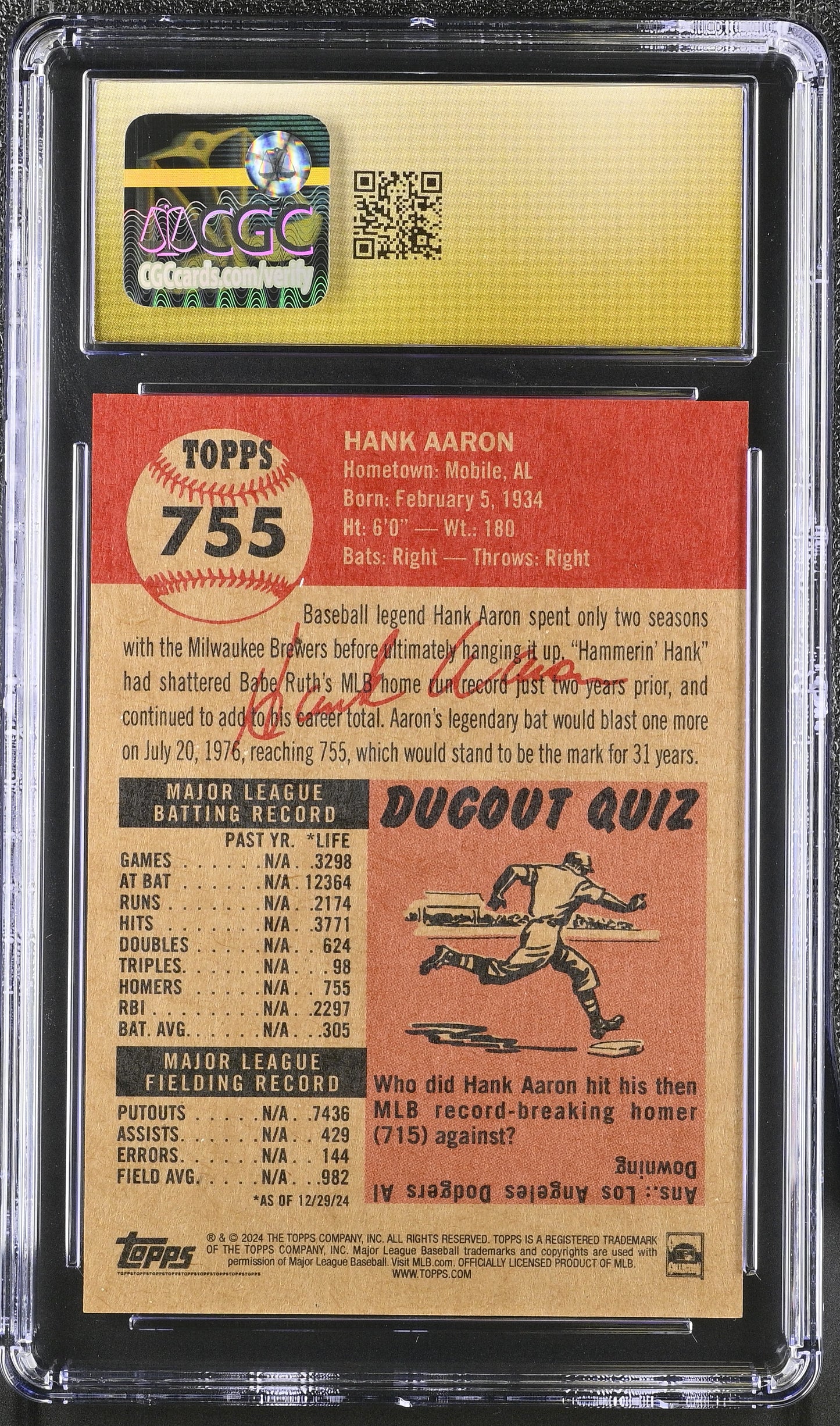 2024 Topps Living Set Hank Aaron #755 CGC 10 Pristine Black Label