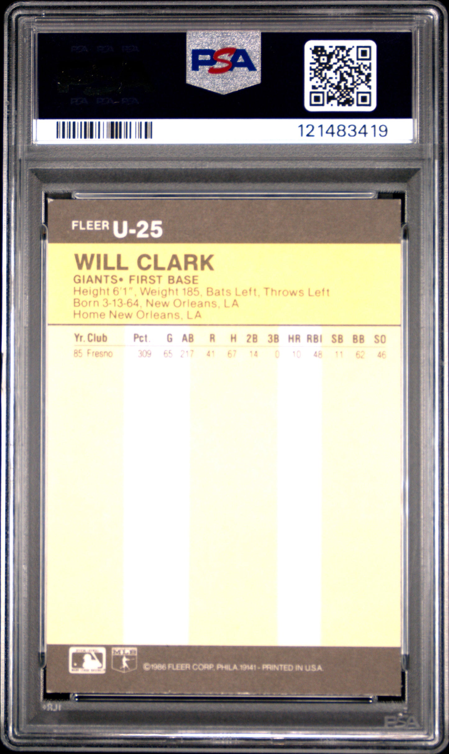 1986 Fleer Update Will Clark #U-25 PSA 6