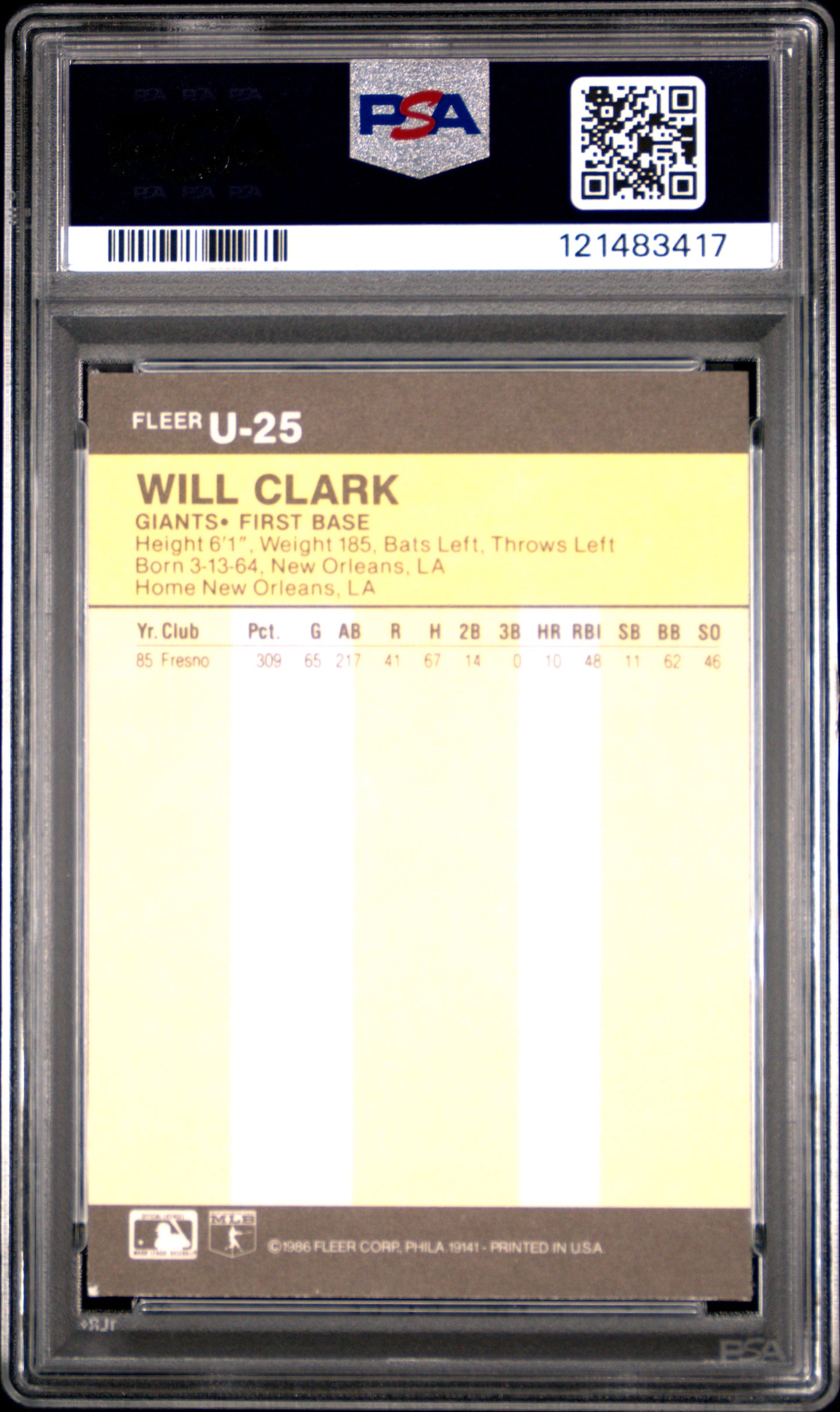 1986 Fleer Update Will Clark #U-25 PSA 6