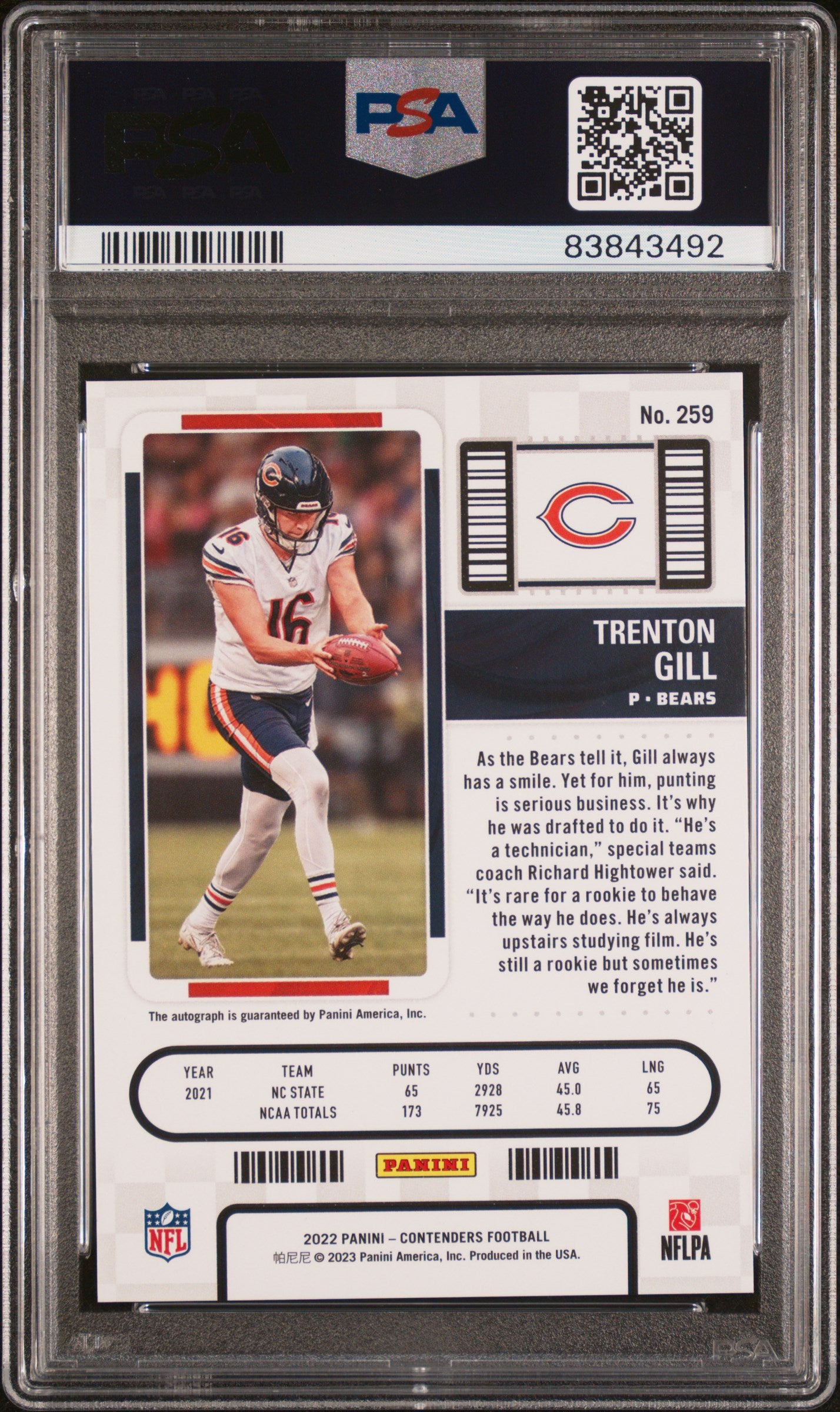 2022 Panini Contenders Trenton Gill #259 Auto Cracked Ice PSA 10 Jersey # Match