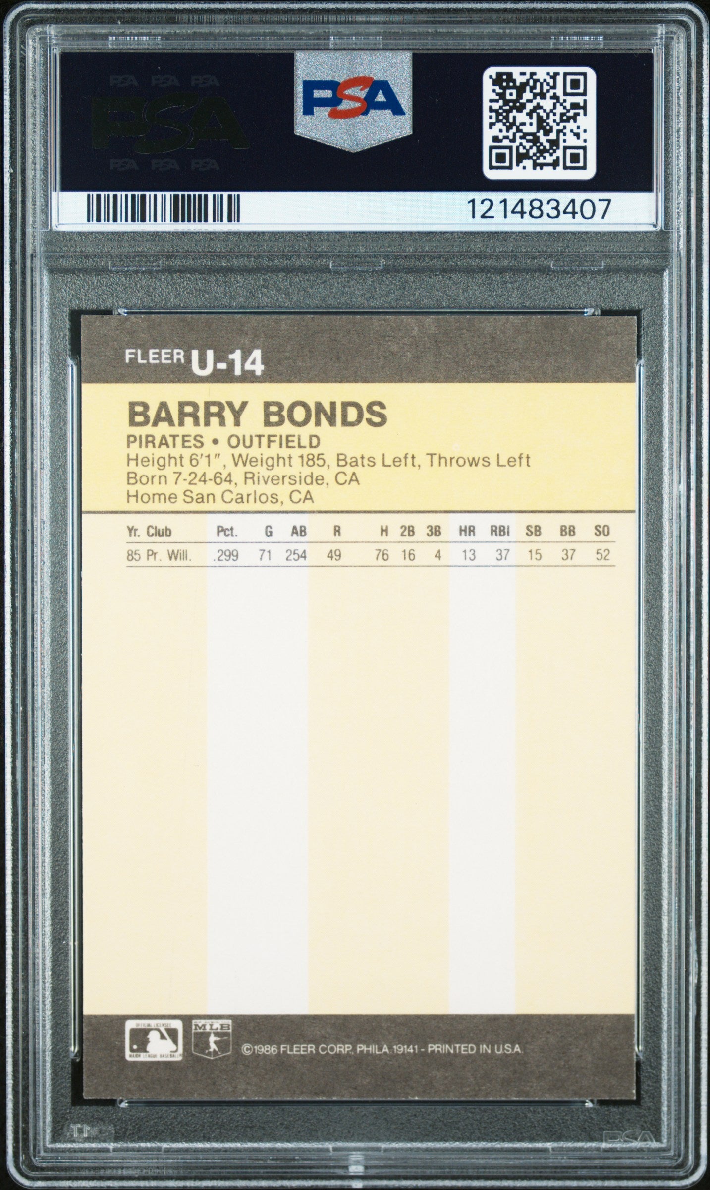 1986 Fleer Update Barry Bonds #U-14 PSA 8
