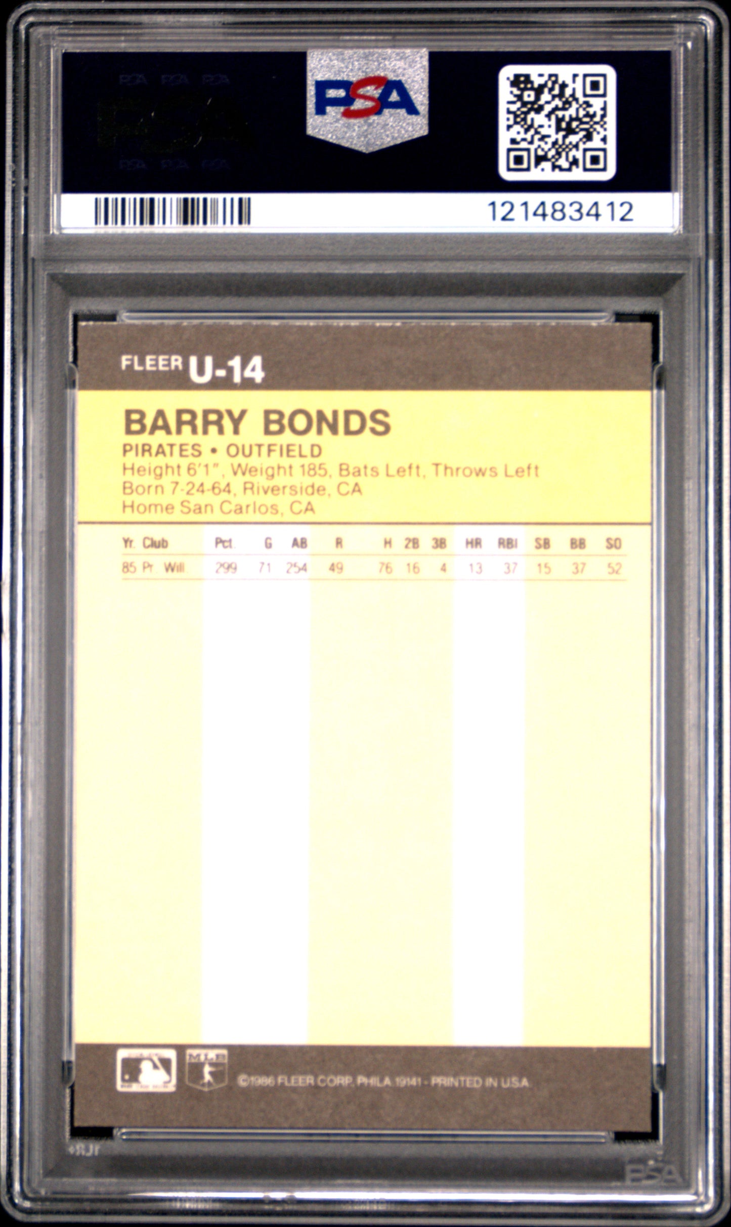 1986 Fleer Update Barry Bonds #U-14 PSA 8