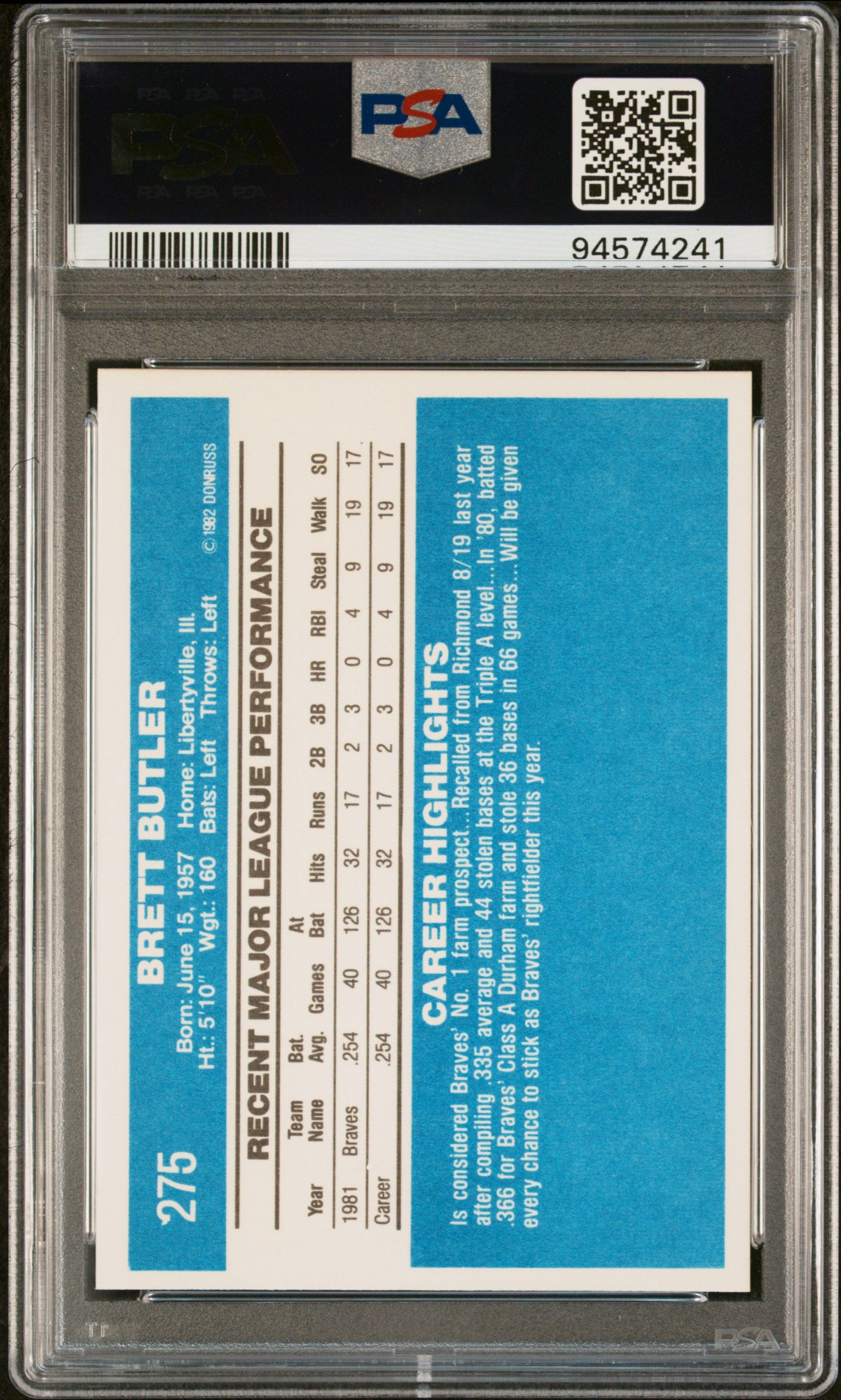 1982 Donruss Brett Butler #275 PSA 9