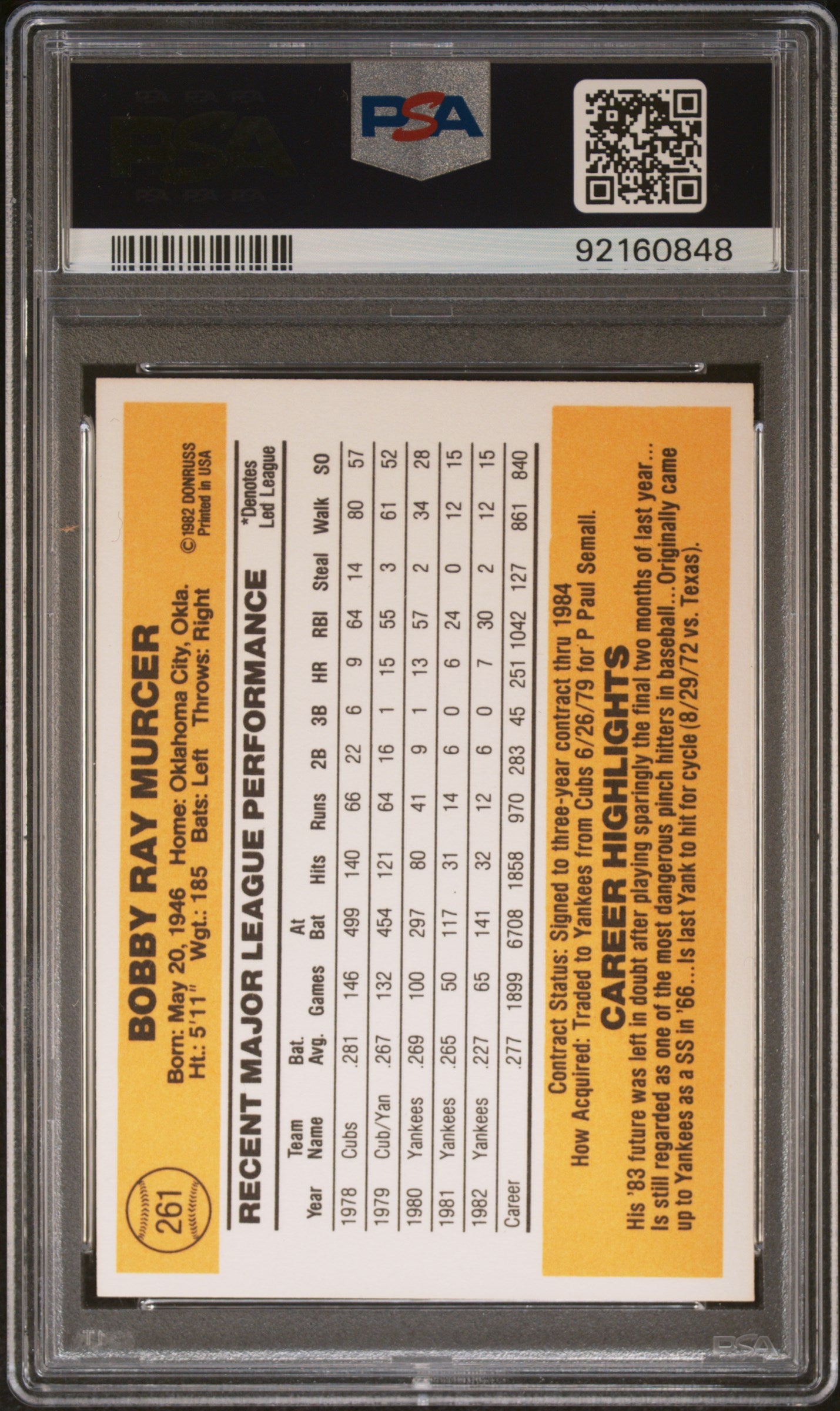 1983 Donruss Bobby Murcer #261 PSA 9