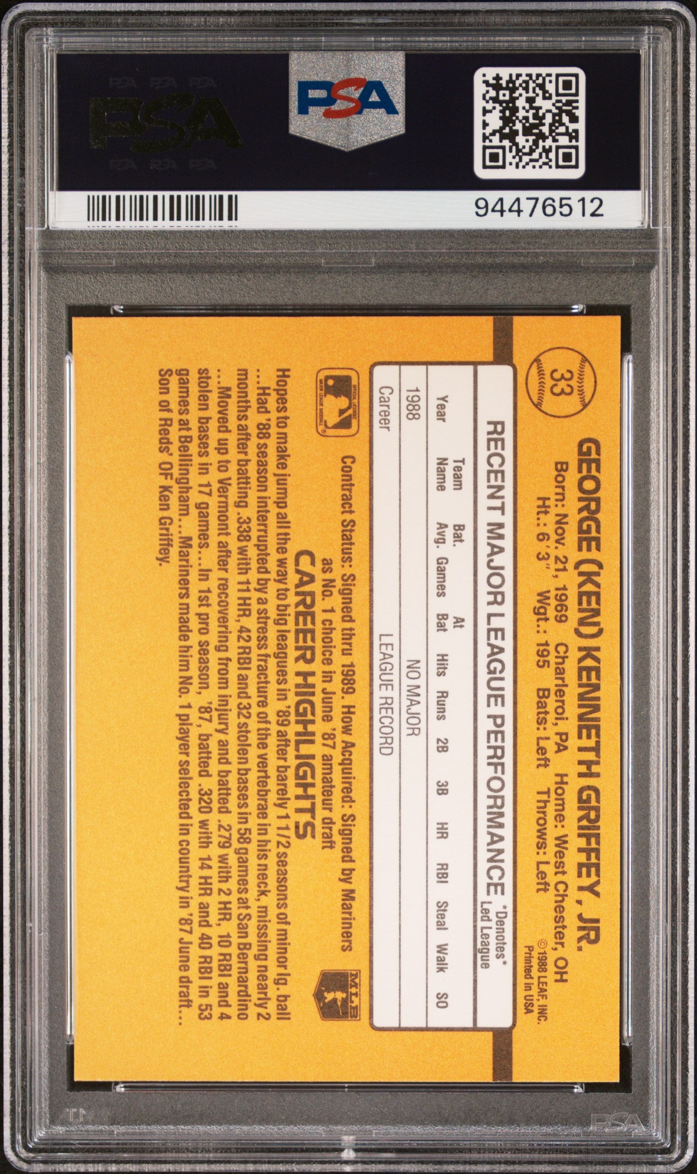 1989 Donruss Ken Griffey JR. #33 PSA 8