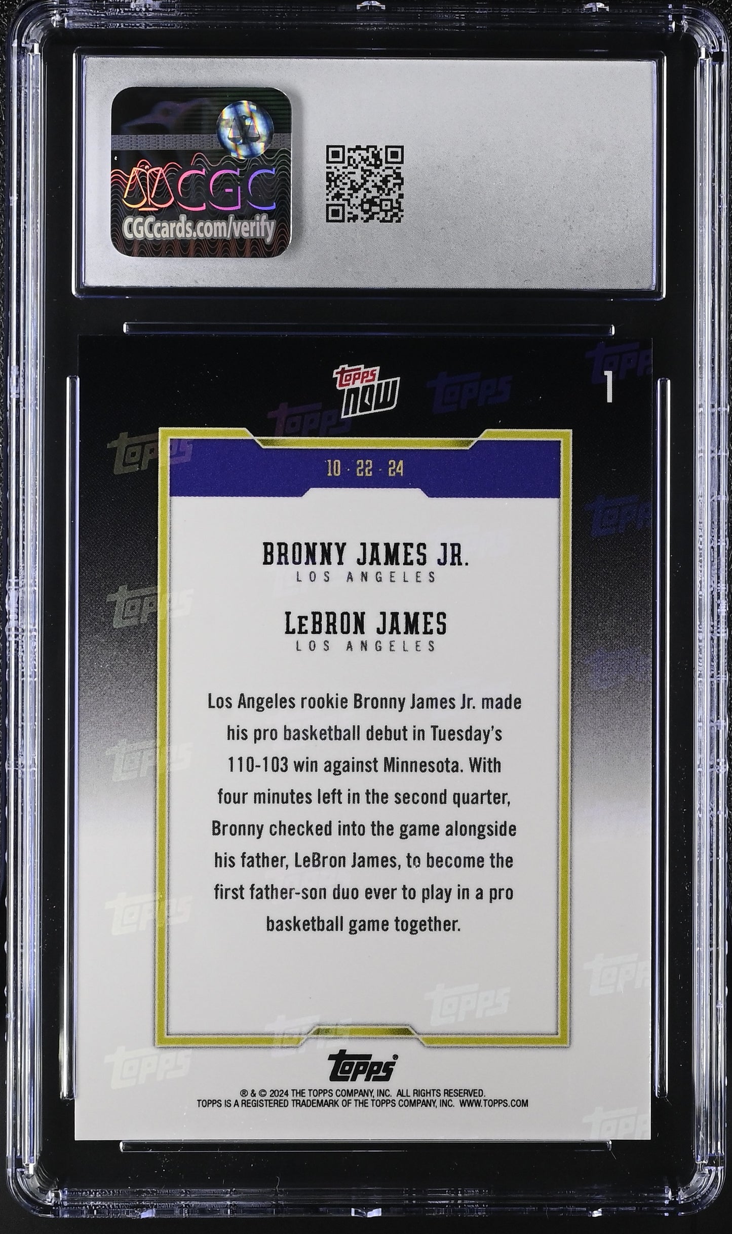 2024-25 Topps Now Bronny James Jr./LeBron James #1 CGC 10
