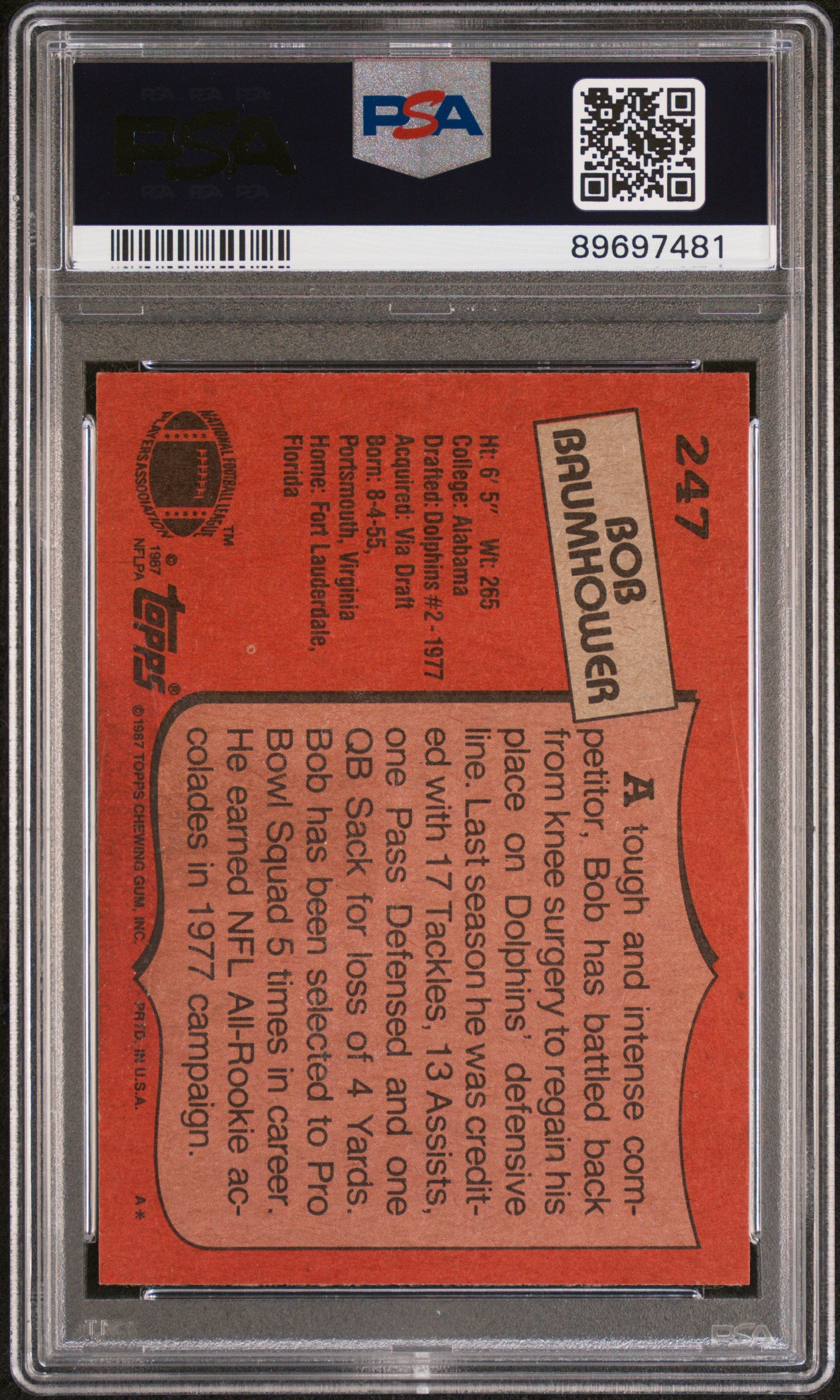 1987 Topps Bob Baumhower #247 PSA 6