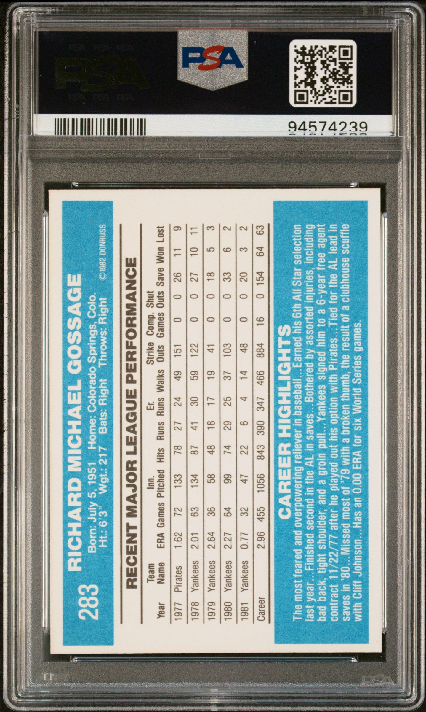 1982 Donruss Rich Gossage #283 PSA 9