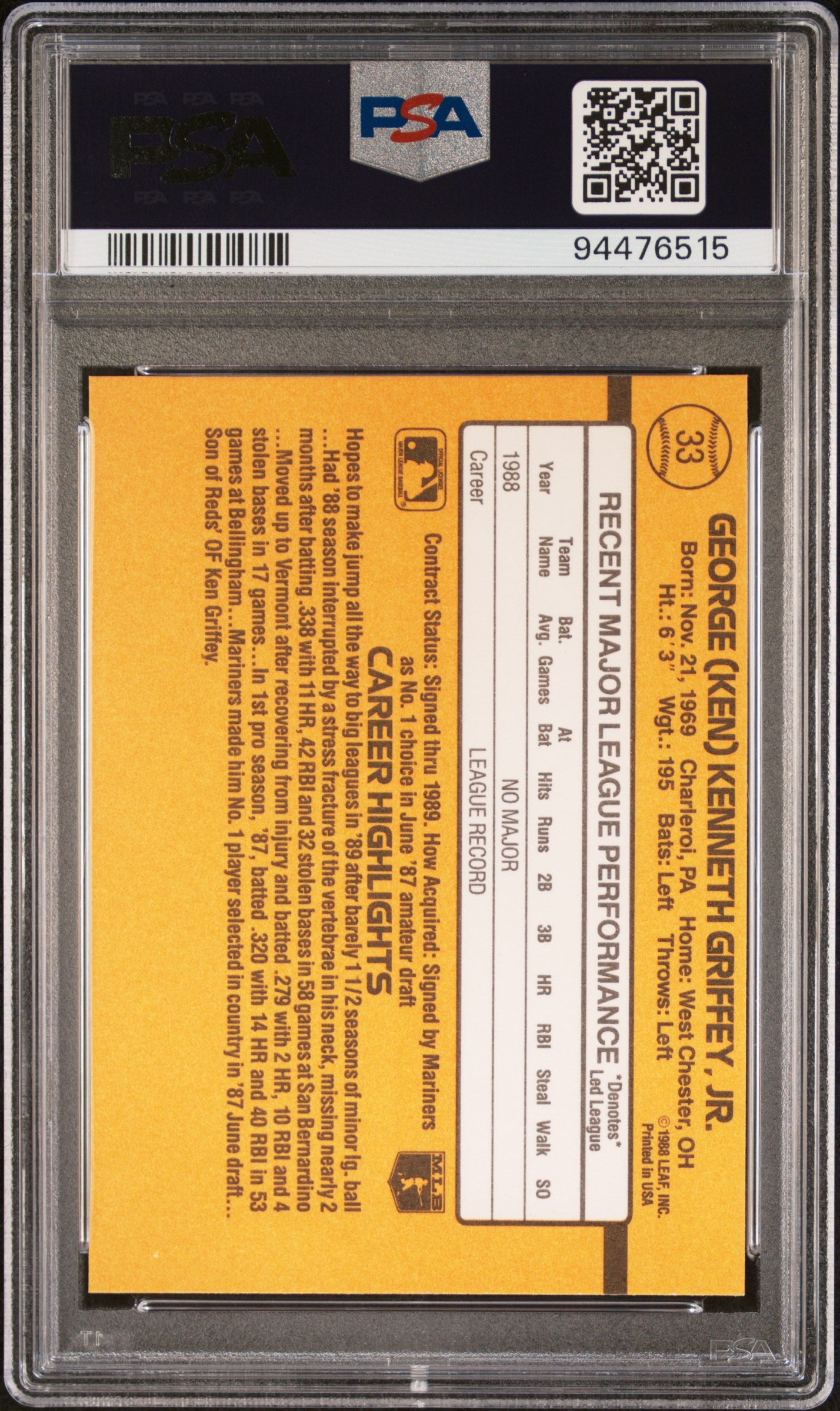 1989 Donruss Ken Griffey JR. #33 PSA 6