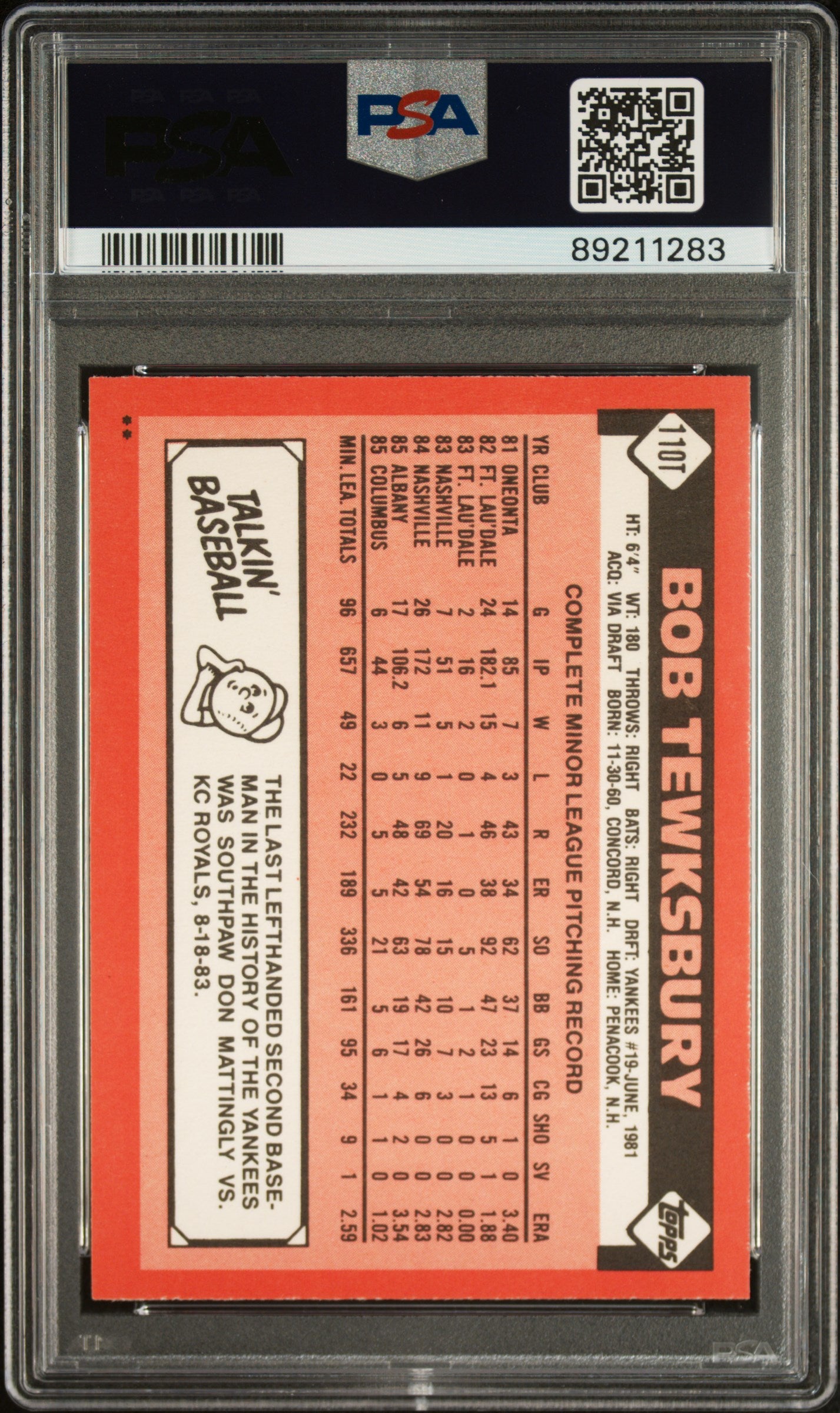 1986 Topps Traded Bob Tewksbury #110T PSA 9