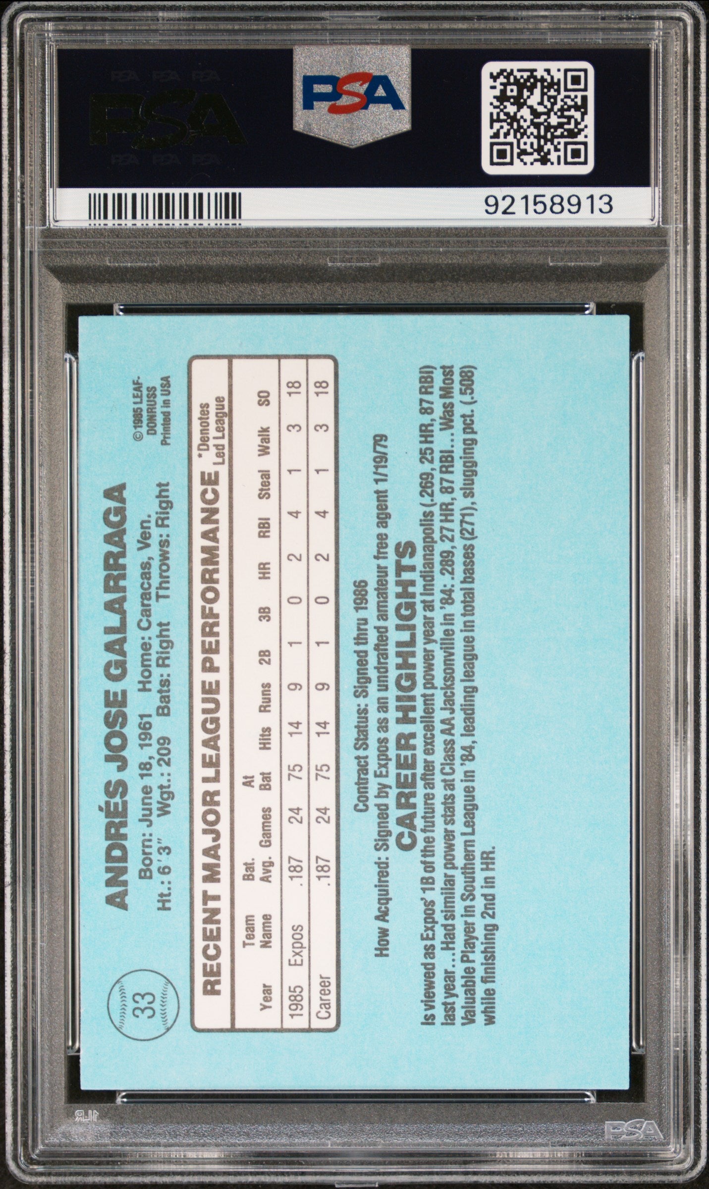 1986 Donruss Andres Galarraga #33 Accent Mark Over Andres PSA 3