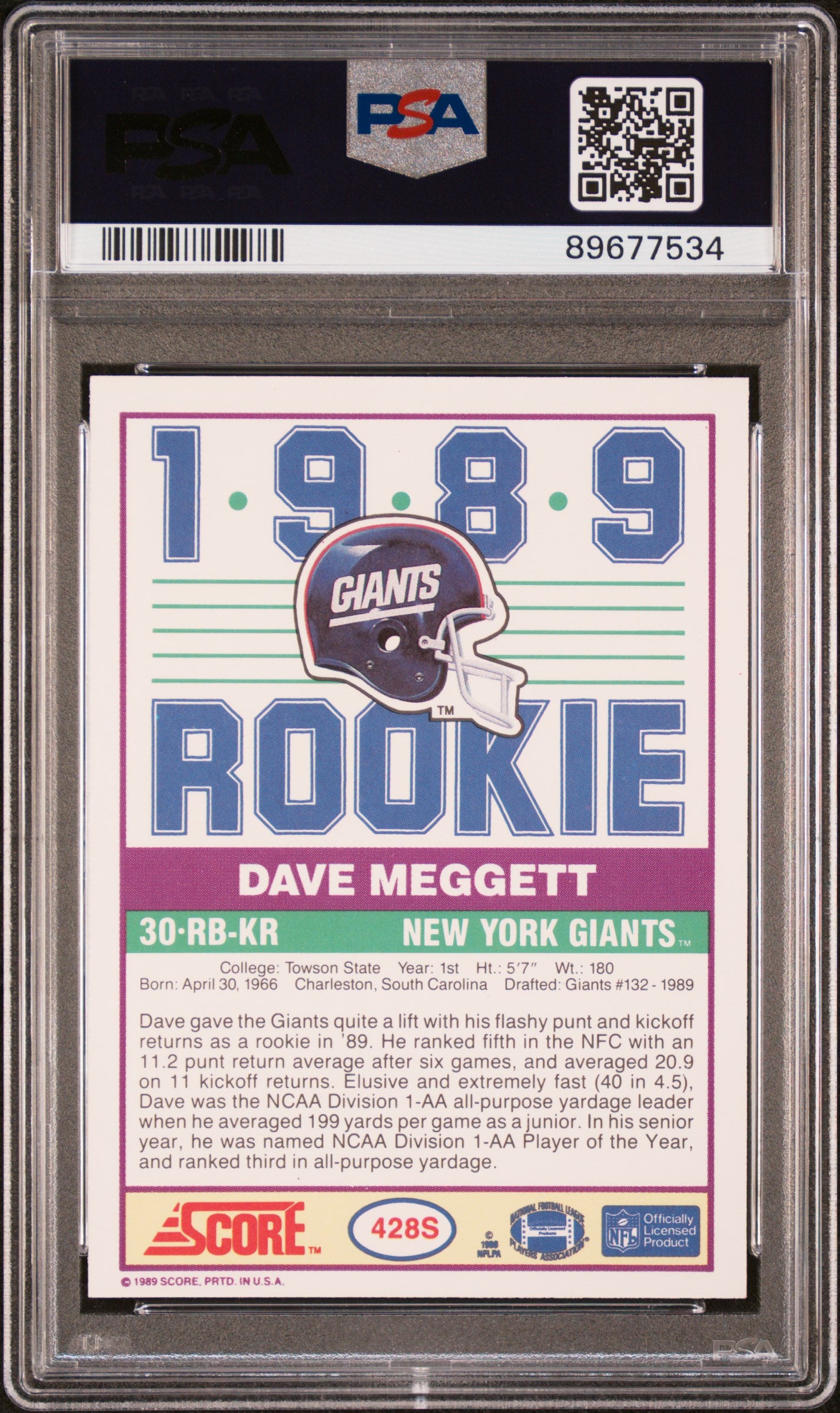 1989 Score Supplemental Dave Meggett #428S PSA 8