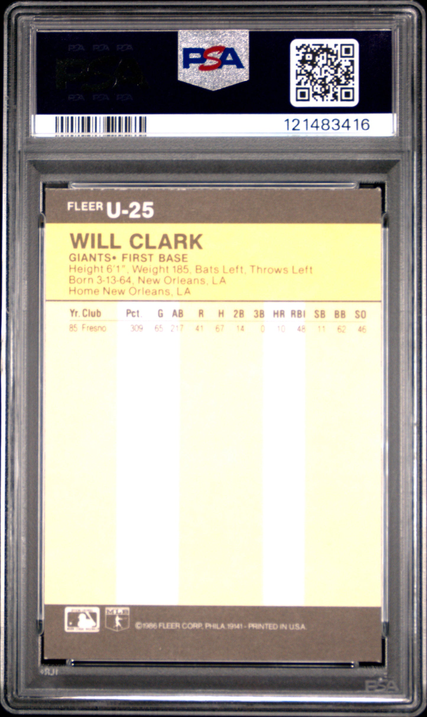 1986 Fleer Update Will Clark #U-25 PSA 7
