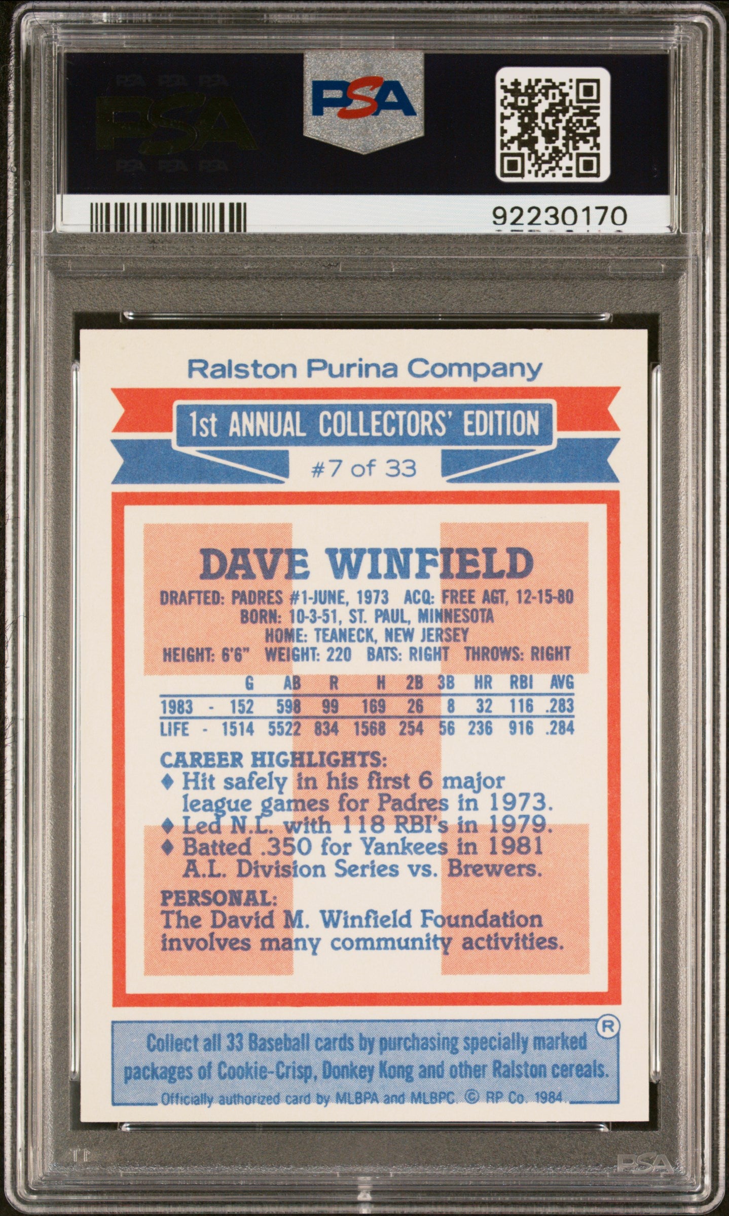 1984 Ralston Purina Hand Cut Dave Winfield #7 PSA 9