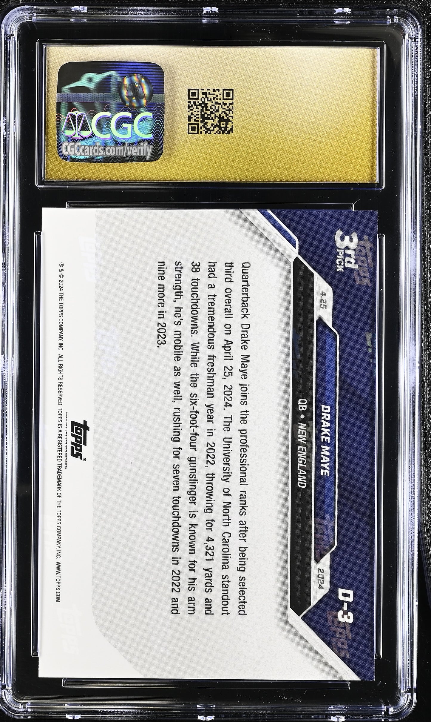 2024 Topps Now Drake Maye #D-3 Draft CGC 10 Pristine Black Label