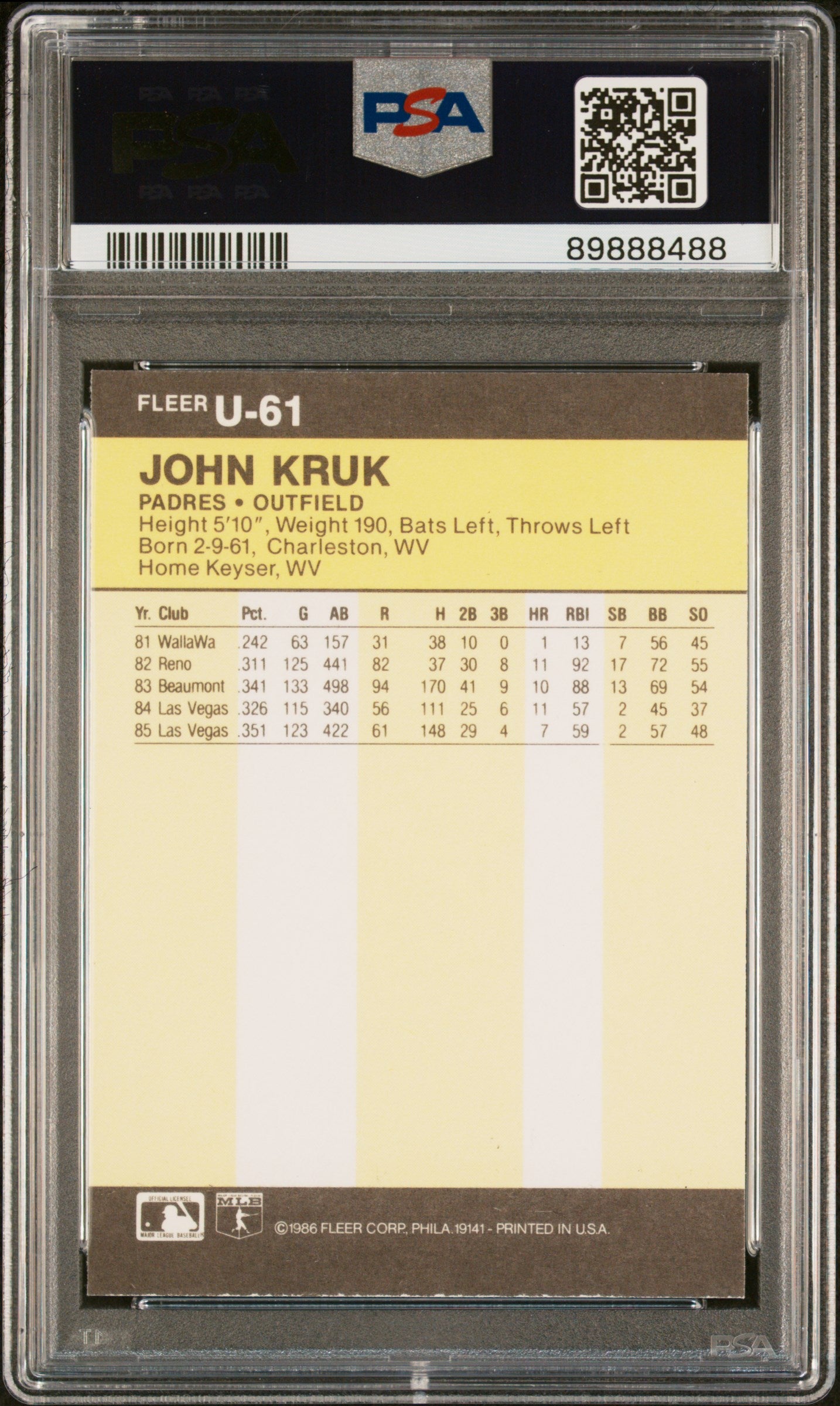 1986 Fleer Update John Kruk #U-61 PSA 9