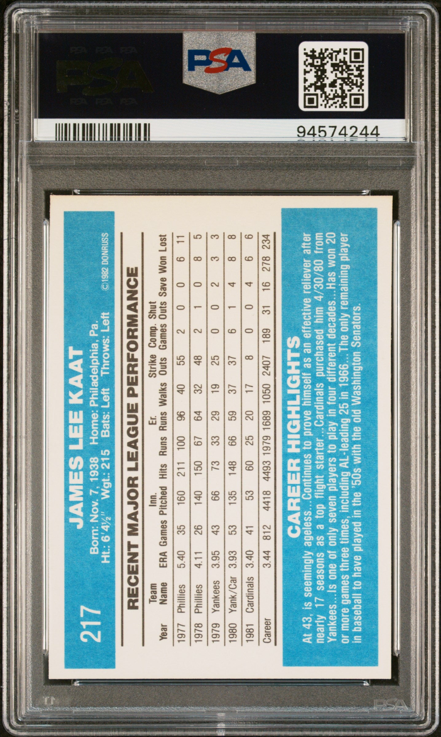 1982 Donruss Jim Kaat #217 PSA 9