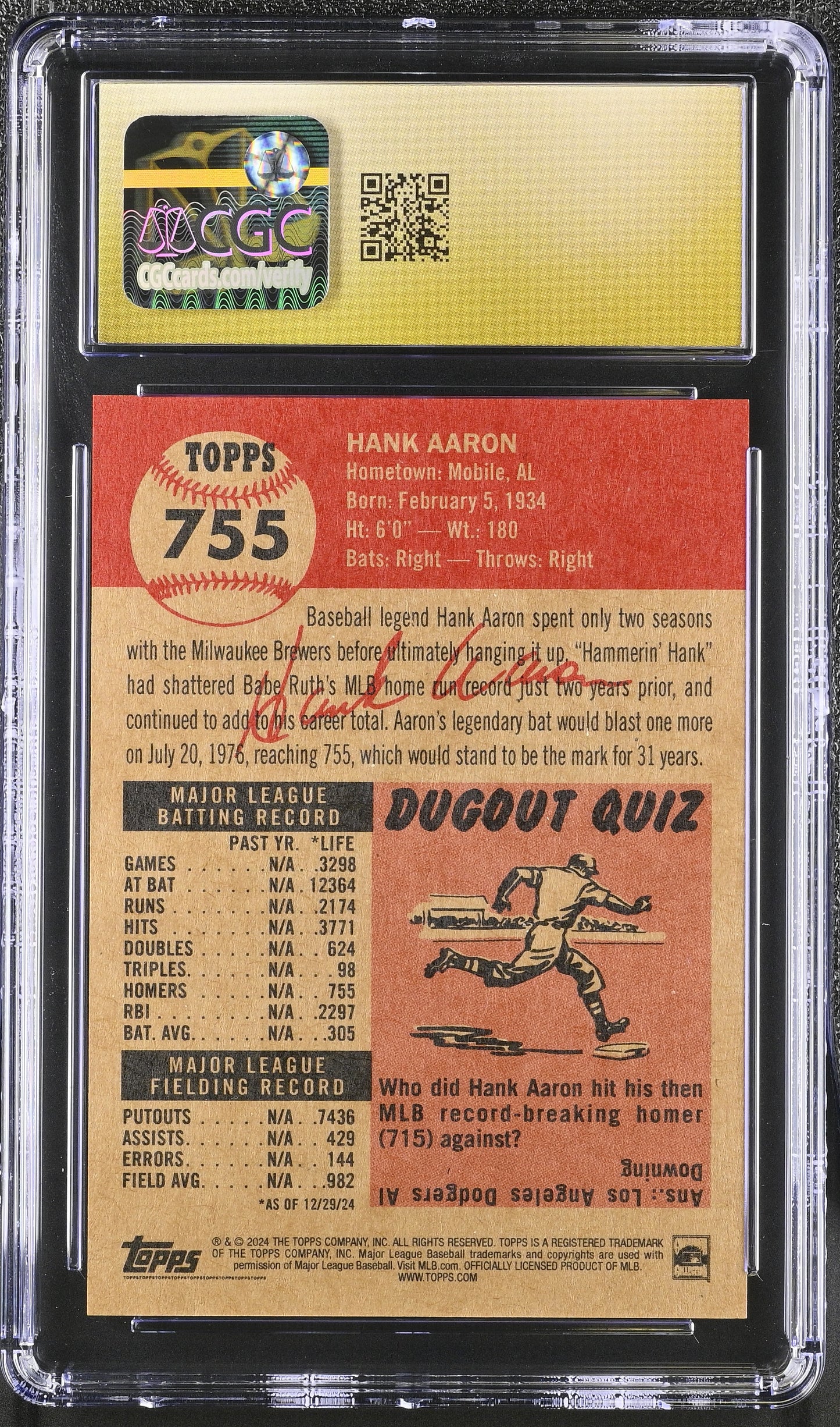 2024 Topps Living Set Hank Aaron #755 CGC 10 Pristine Black Label