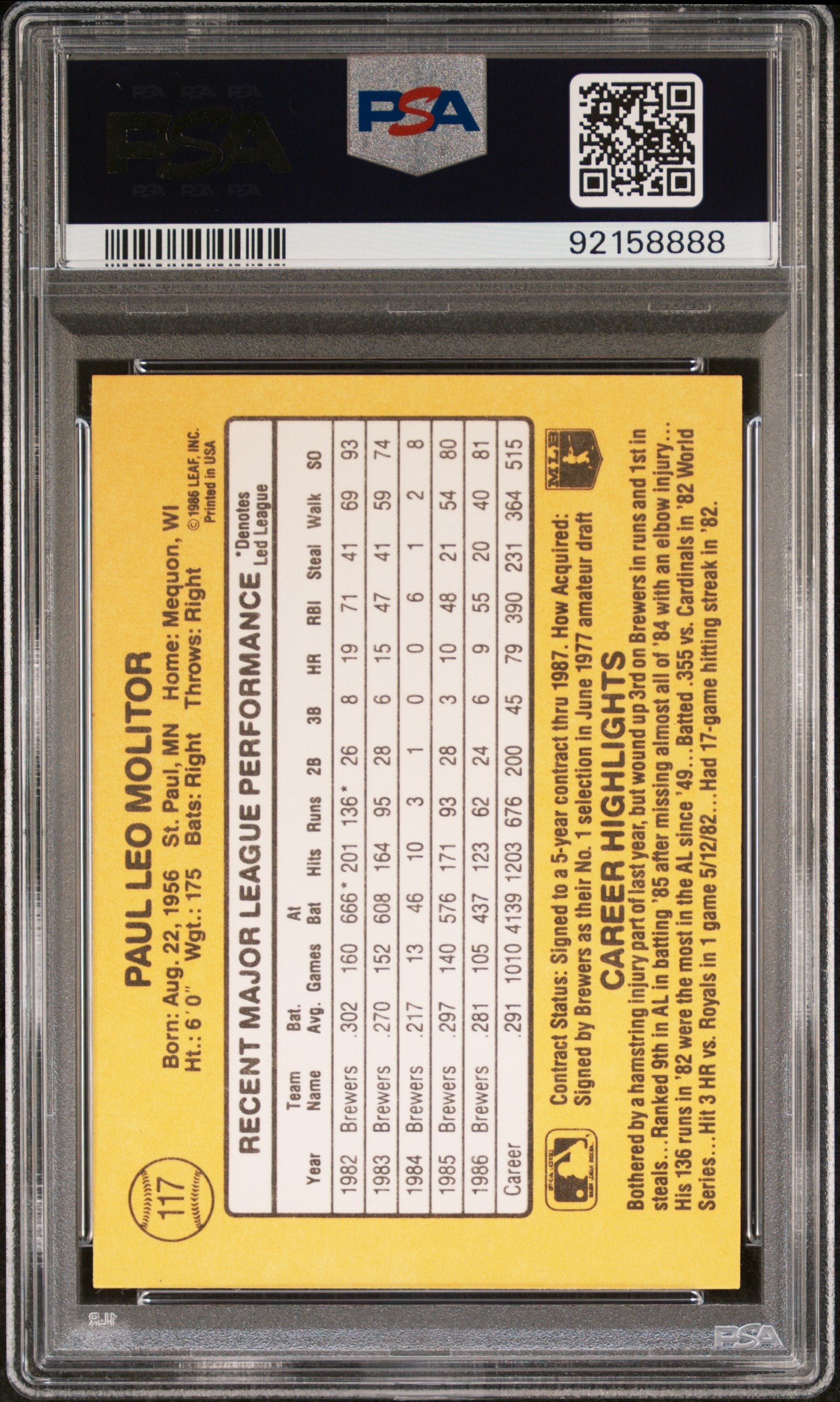 1987 Donruss Paul Molitor #117 PSA 8