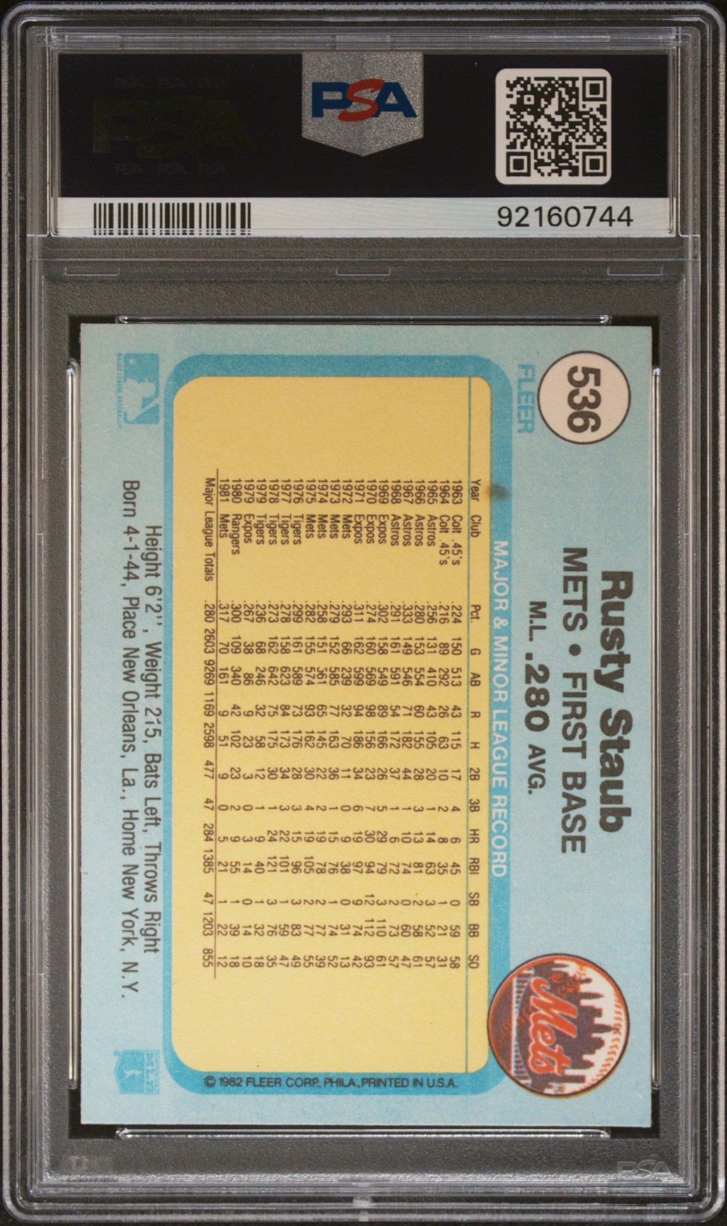 1982 Fleer Rusty Staub #536 PSA 7