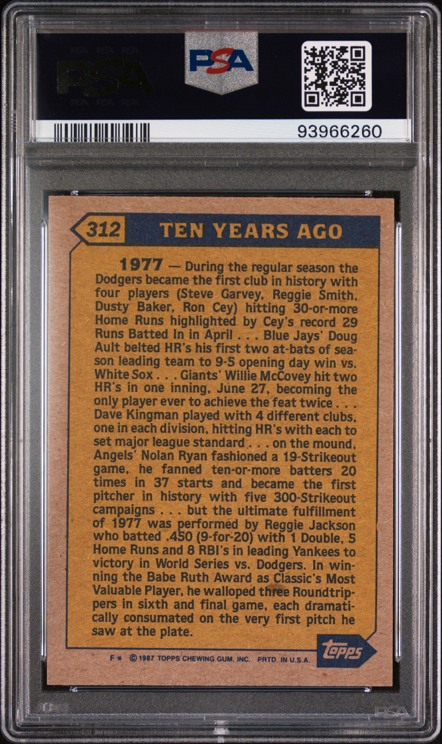 1987 Topps Reggie Jackson #312 Turn Back The Clock PSA 8