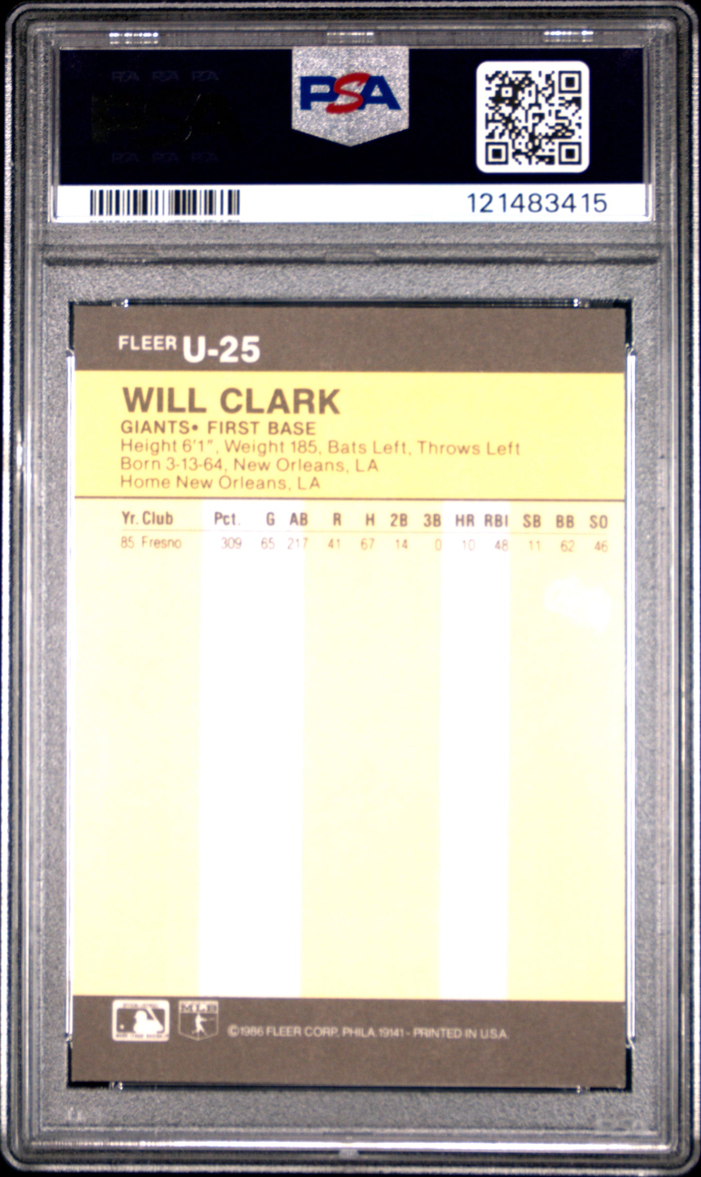1986 Fleer Update Will Clark #U-25 PSA 8