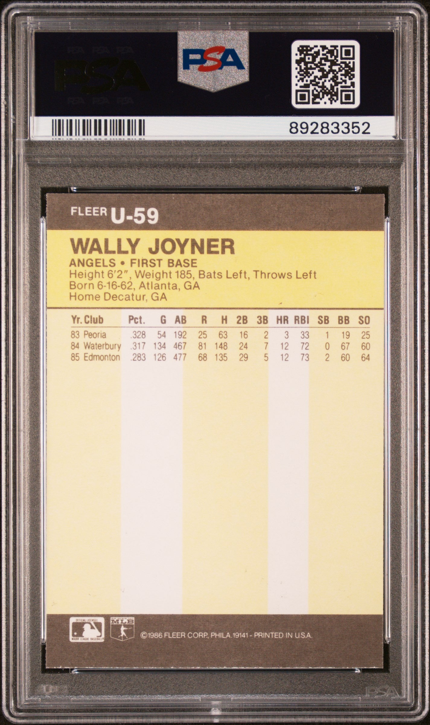 1986 Fleer Update Wally Joyner #U-59 PSA 9