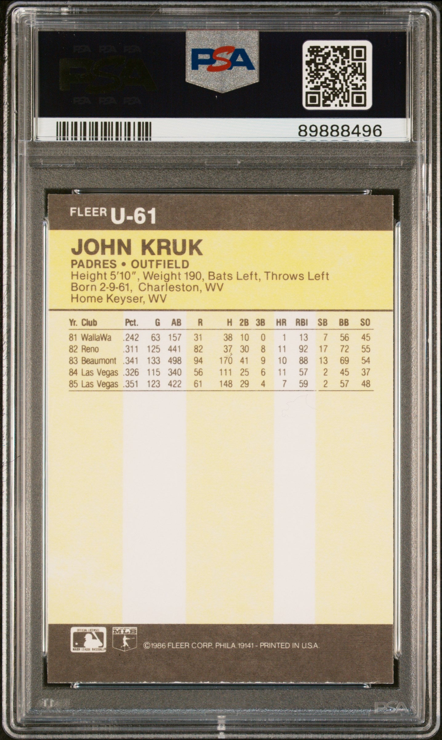 1986 Fleer Update John Kruk #U-61 PSA 9