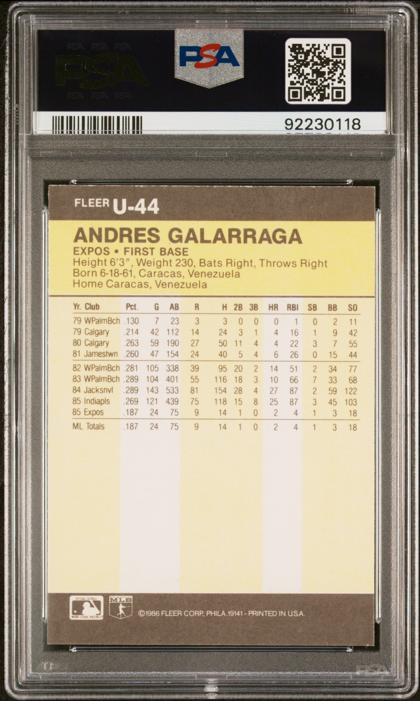 1986 Fleer Update Andres Galarraga #U-44 PSA 9