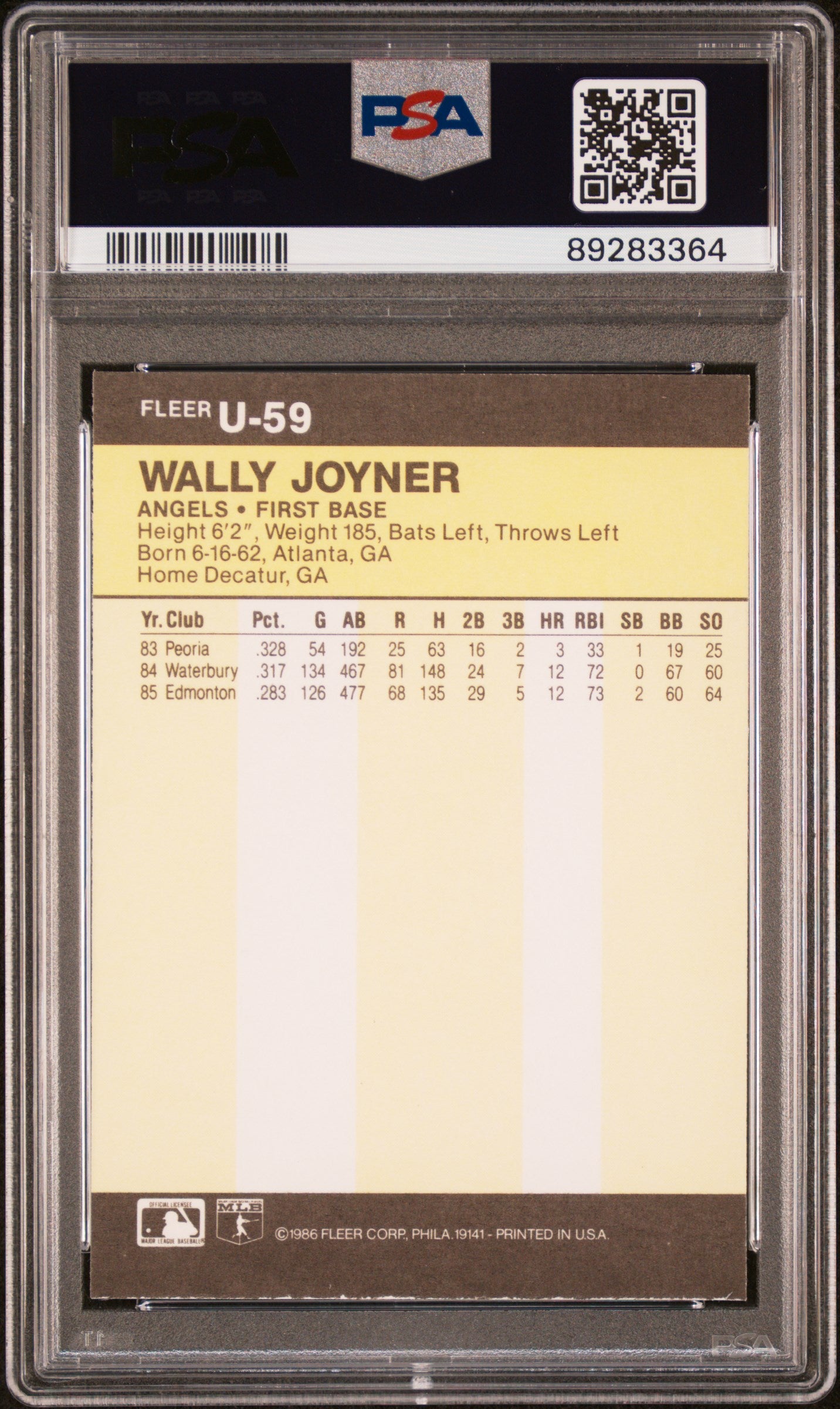 1986 Fleer Update Wally Joyner #U-59 PSA 9