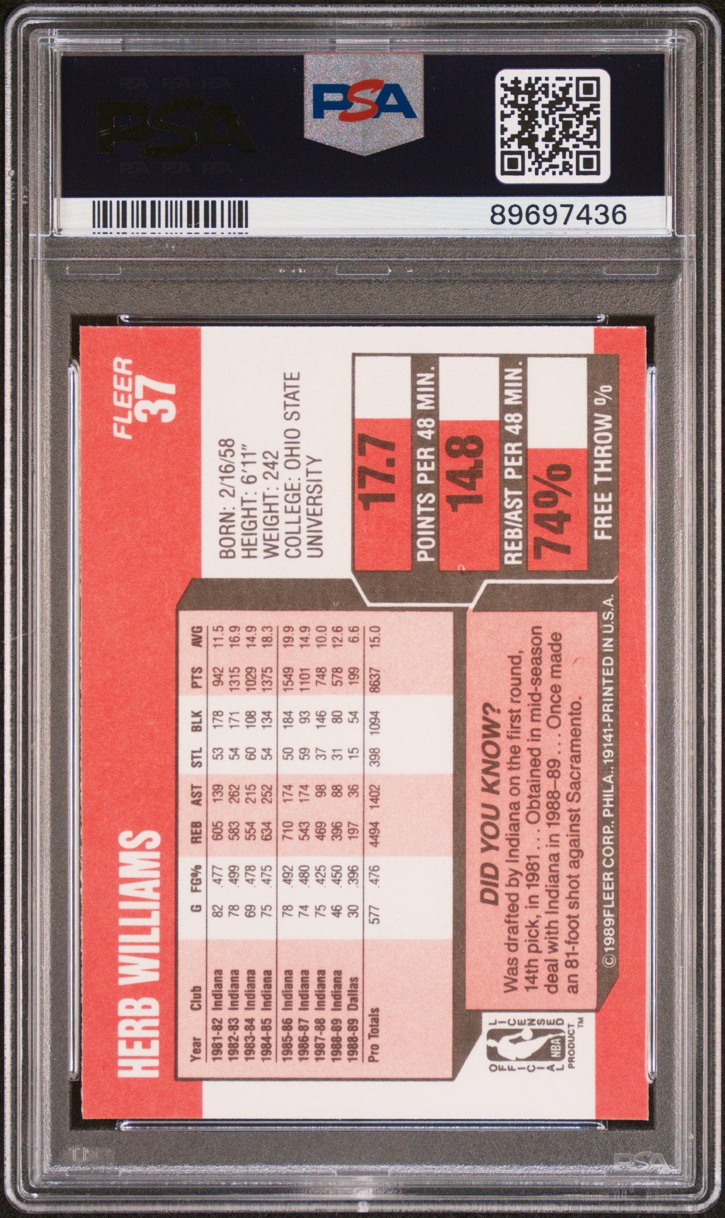 1989 Fleer Herb Williams #37 PSA 9