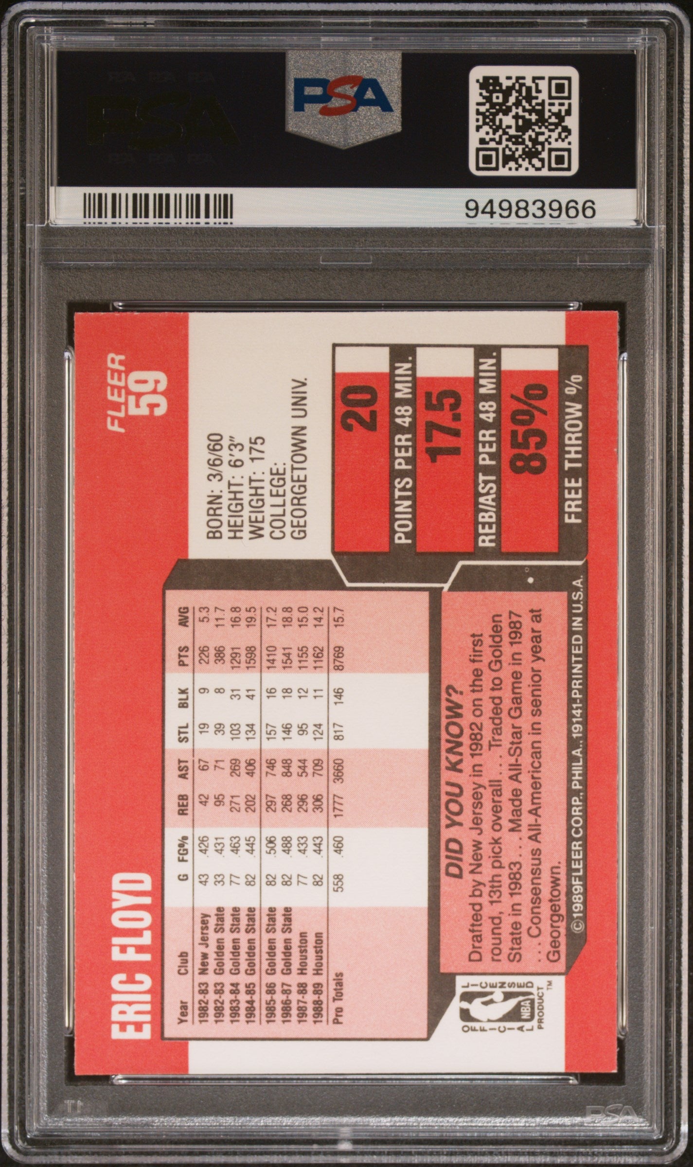 1989 Fleer Eric Floyd #59 PSA 9
