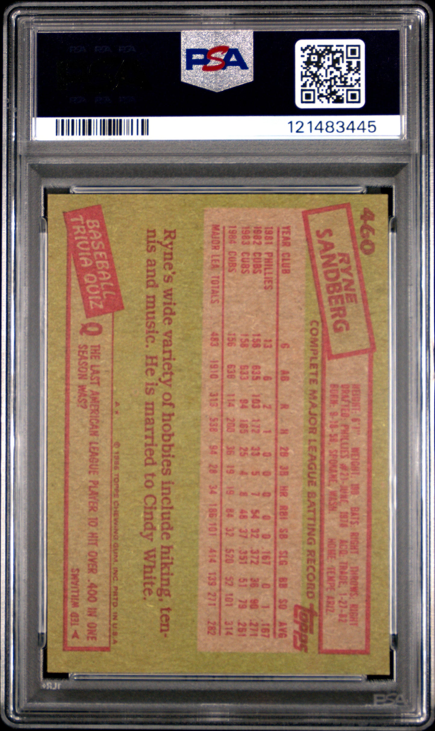 1985 Topps Ryne Sandberg #460 PSA 6